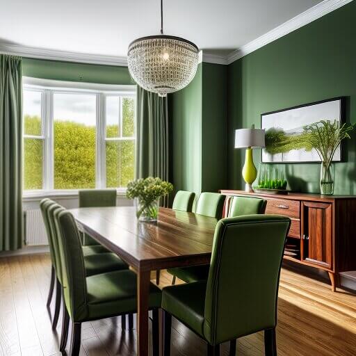 a dining room designed in a green style