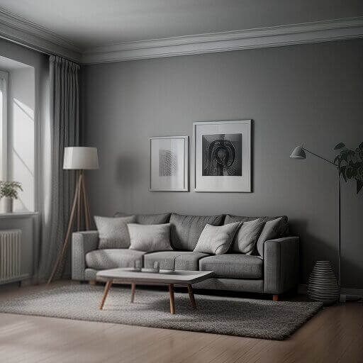 a living room designed in a grey style