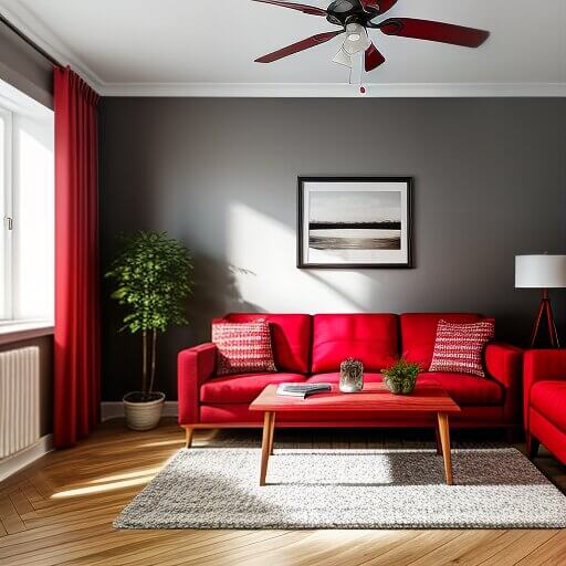 a living room designed in a red design