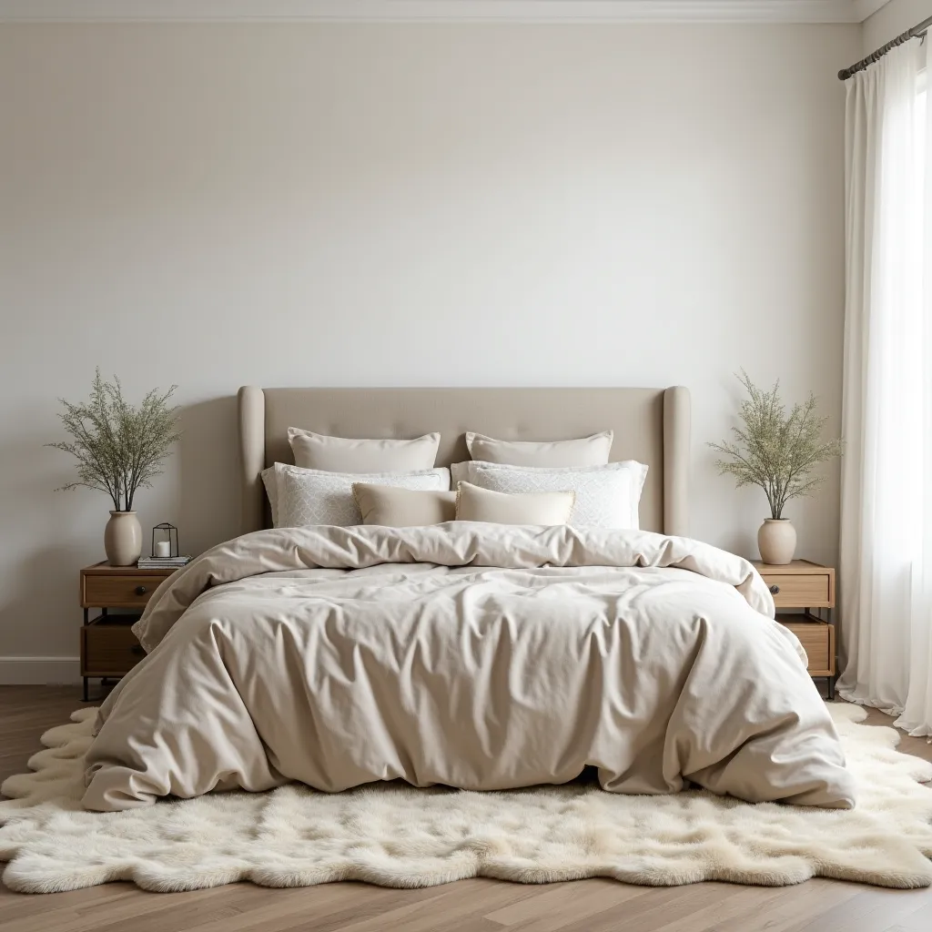 Elegant beige and white bedroom ideas featuring a cozy bed with plush bedding, neutral-toned pillows, and a soft, textured rug. The room is complemented by minimalist nightstands with decorative vases and greenery, creating a serene and inviting atmosphere.