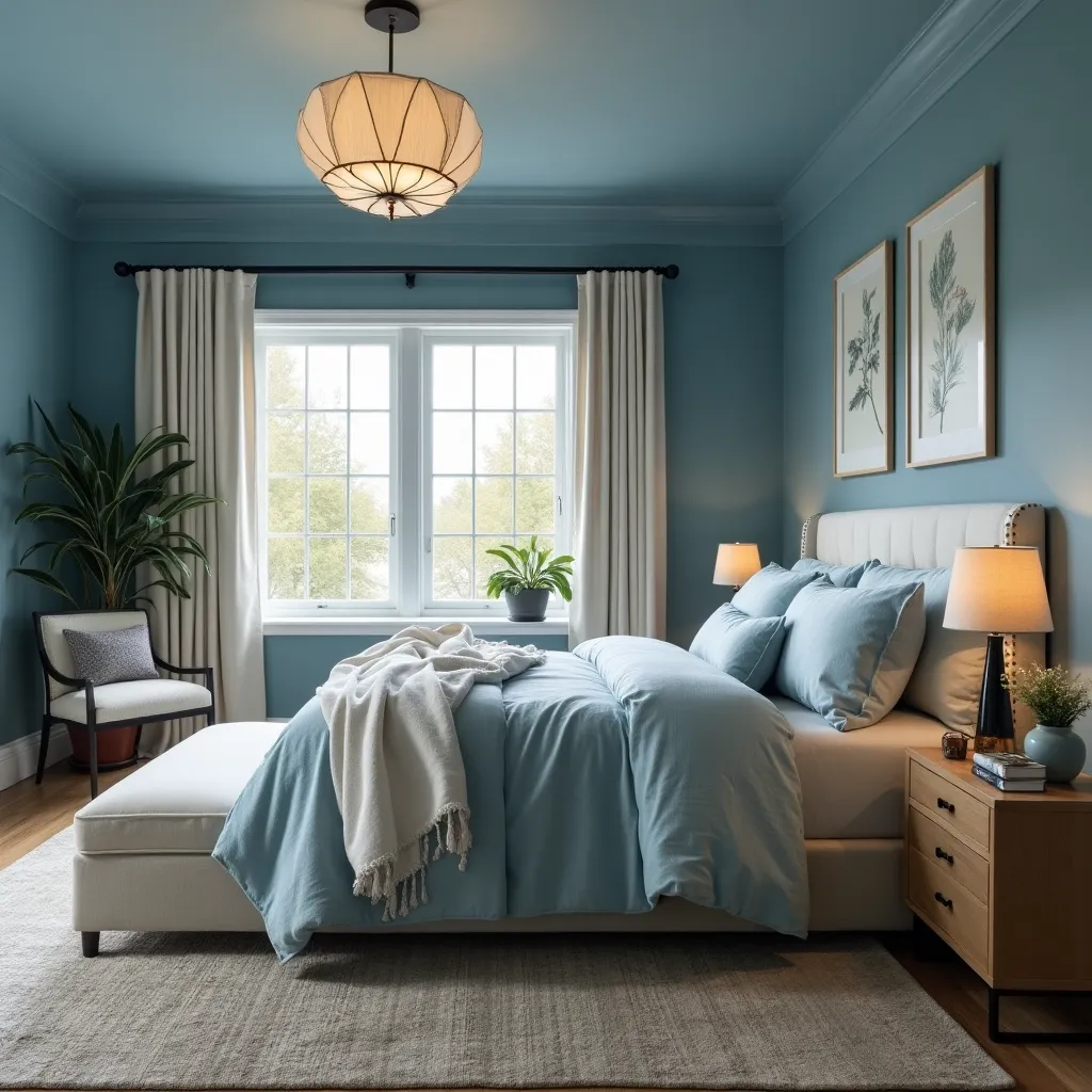 Modern blue master  bedroom featuring a cozy bed with light blue bedding, stylish wooden nightstands, and elegant decor, creating a serene and inviting atmosphere.