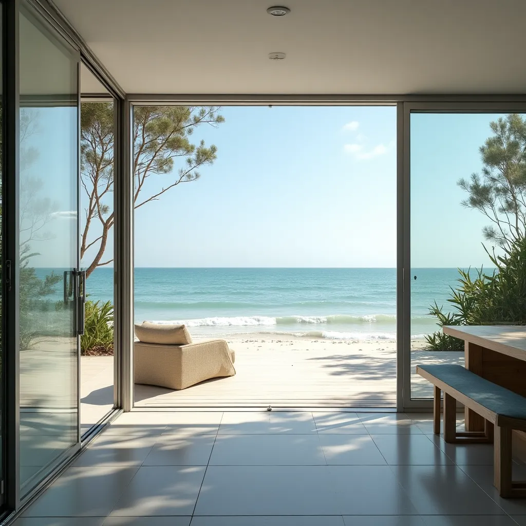 Modern glass house exterior ideas featuring a stunning beachfront view, showcasing large sliding glass doors that seamlessly blend indoor and outdoor living spaces, perfect for maximizing natural light and ocean vistas.