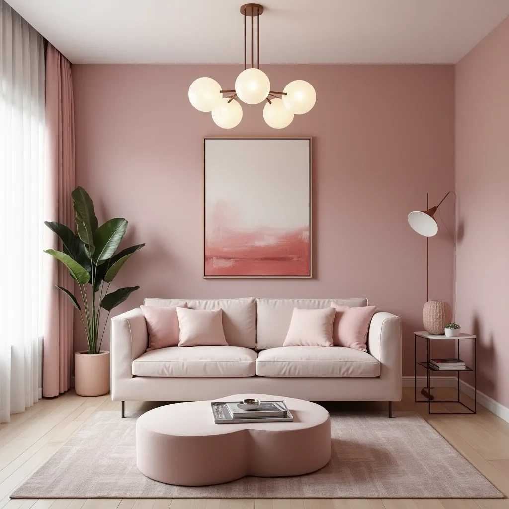 Powder pink living room featuring a stylish sofa with matching cushions, a modern round coffee table, and elegant wall art. The room is complemented by a large potted plant, a sleek floor lamp, and soft natural lighting, creating a cozy and inviting atmosphere.