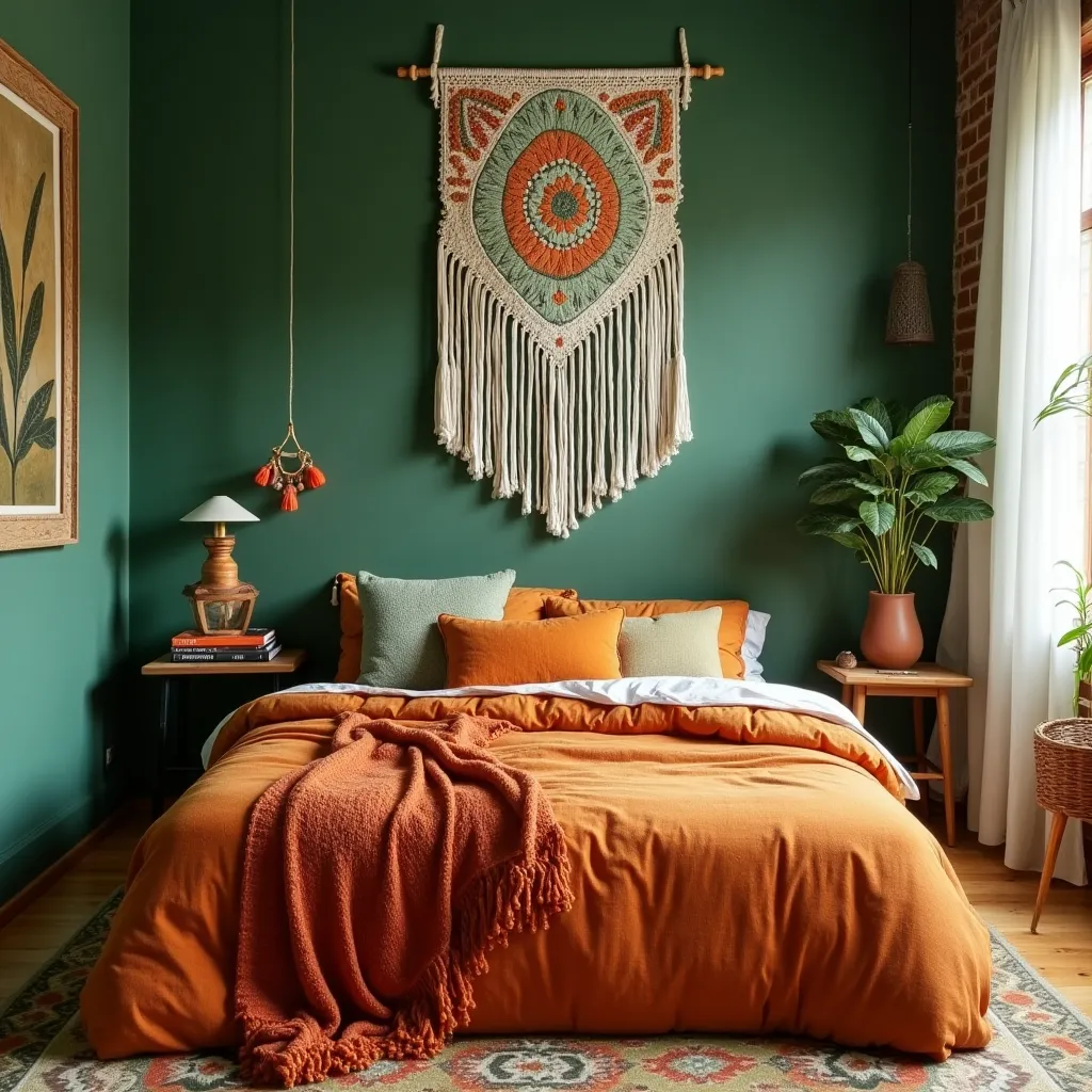 Cozy green and orange room featuring a vibrant orange bedspread, green accent pillows, and a decorative macrame wall hanging. The room is complemented by green walls, a potted plant, and warm wooden furniture, creating a harmonious and inviting atmosphere.