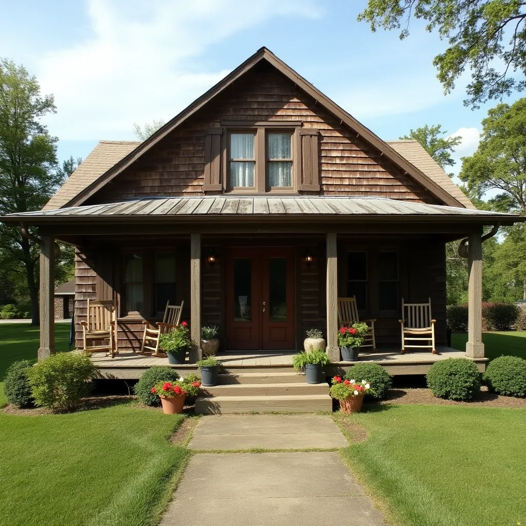 Charming rustic farmhouse exterior featuring a cozy front porch with wooden rocking chairs, surrounded by lush greenery and vibrant potted flowers, perfect for inspiring rustic farmhouse exterior ideas.