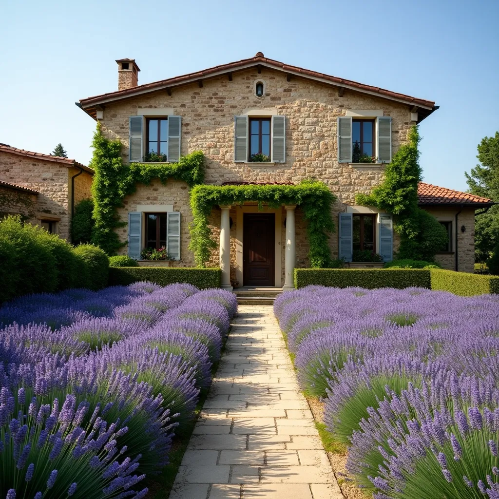 Charming Tuscan villa exterior featuring rustic stone walls, classic blue shutters, and lush greenery, with a picturesque lavender-lined pathway, perfect for inspiring Tuscan villa exterior ideas.