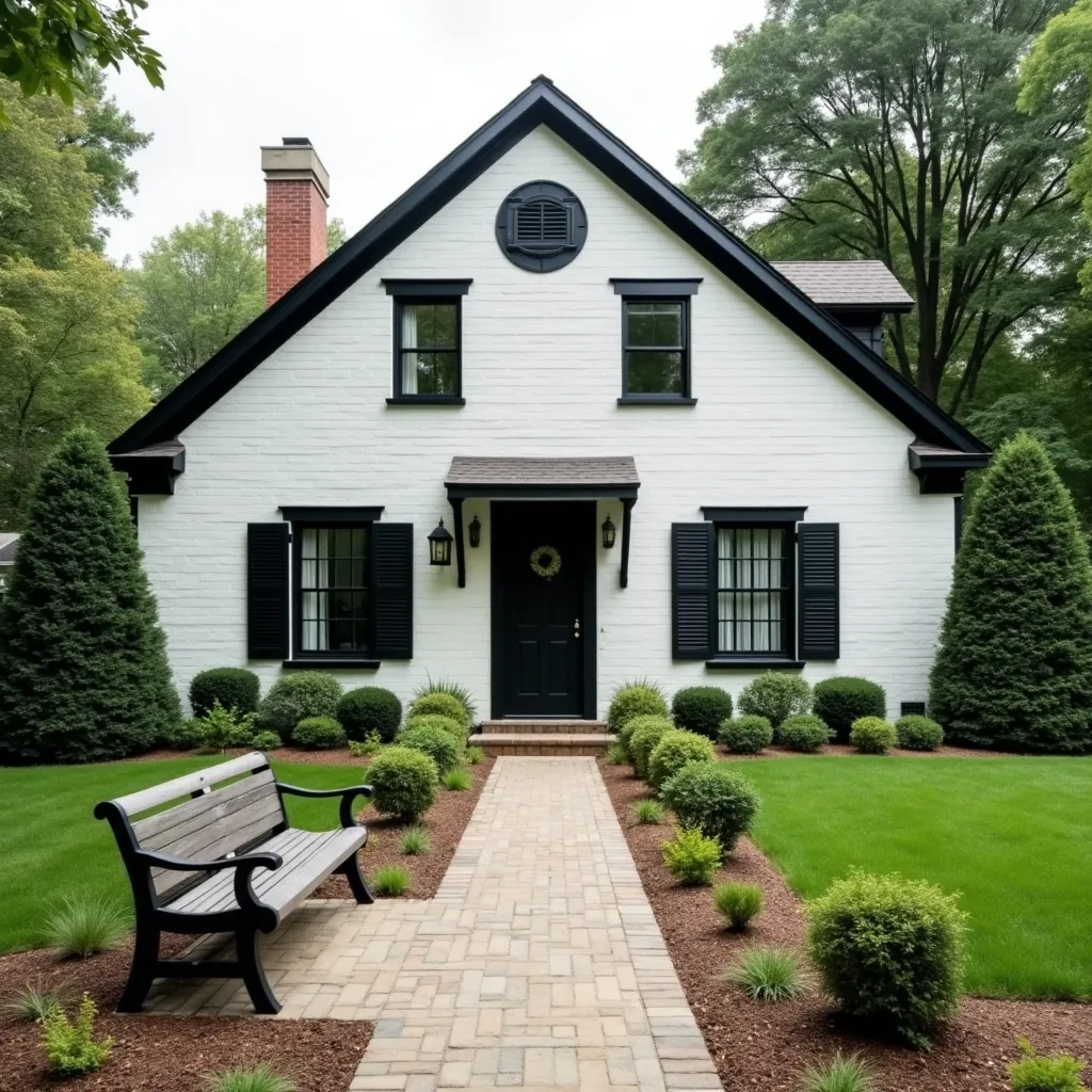 Charming white house with black trim ideas featuring classic black shutters and door, surrounded by lush greenery and a well-manicured lawn, showcasing a timeless exterior design.