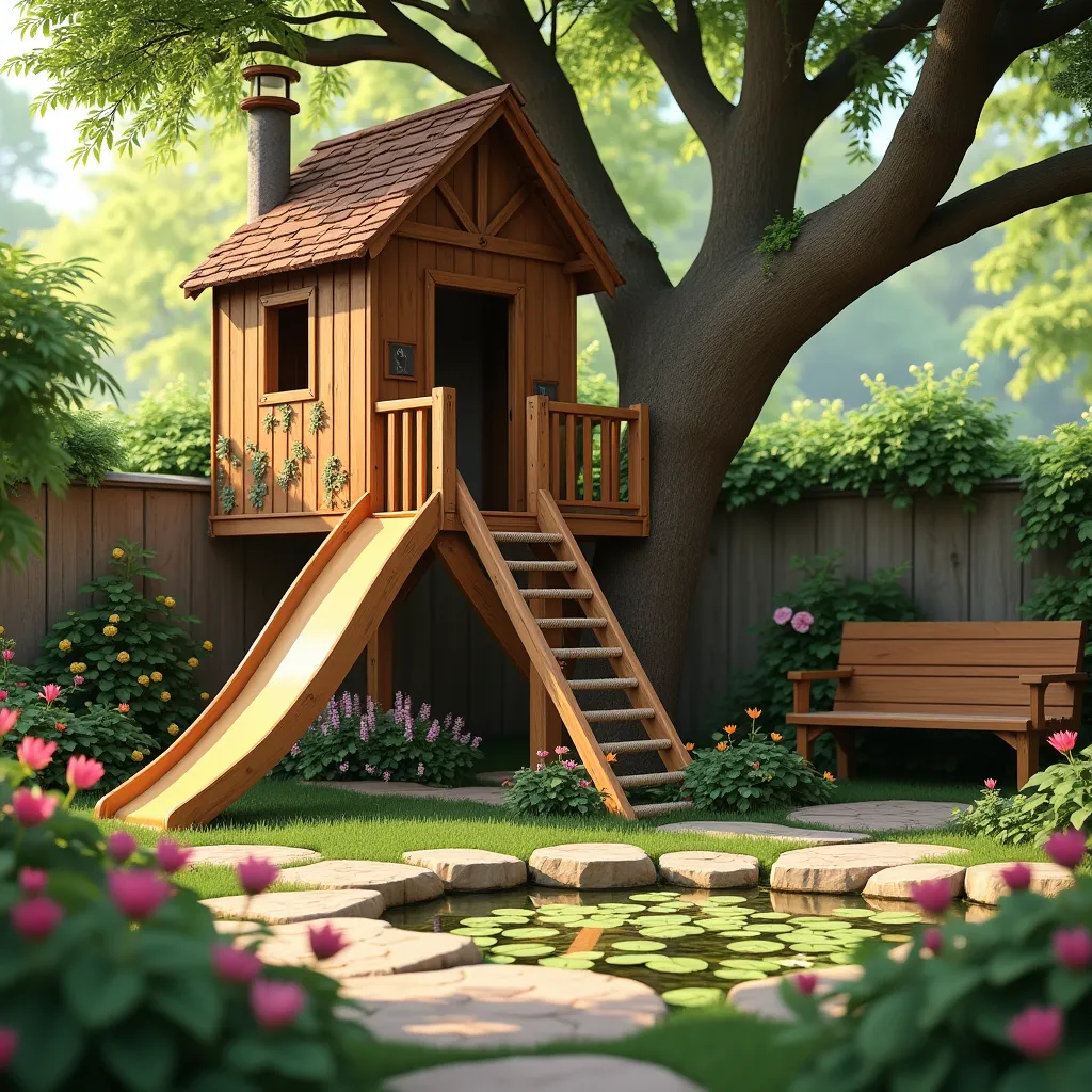 Wooden treehouse with a slide in a lush garden setting, surrounded by vibrant flowers and a serene pond, showcasing creative garden playground ideas for family-friendly outdoor spaces.