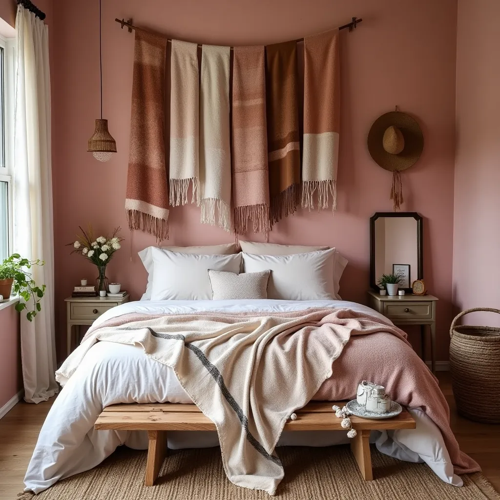 Rustic pink bohemian bedroom featuring a cozy bed with white and pink bedding, a wooden bench, and a wall adorned with hanging woven textiles. The room is decorated with natural elements like a wicker basket, potted plants, and a straw hat, creating a warm and inviting atmosphere.