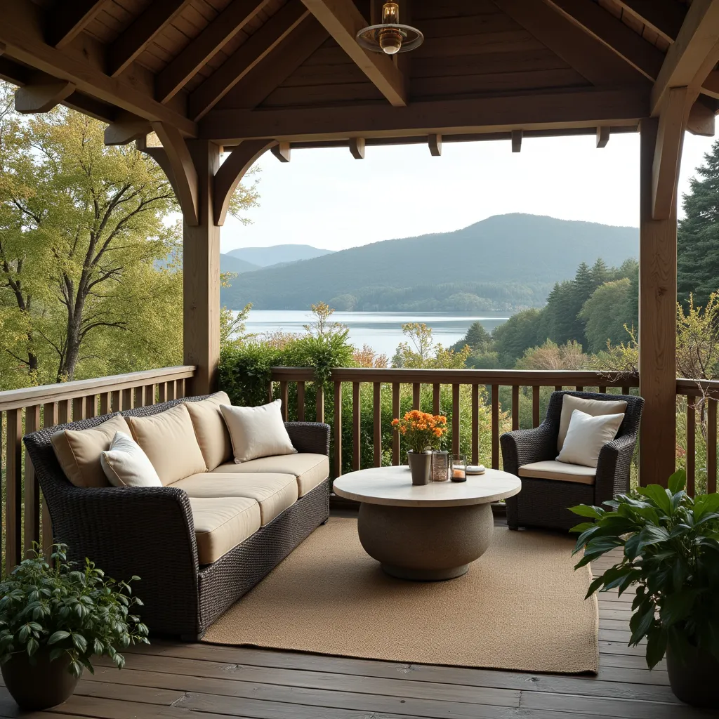 Cozy Cape Cod exterior ideas featuring a charming wooden deck with comfortable wicker furniture, overlooking a serene lake and lush green mountains, perfect for relaxing and enjoying nature.