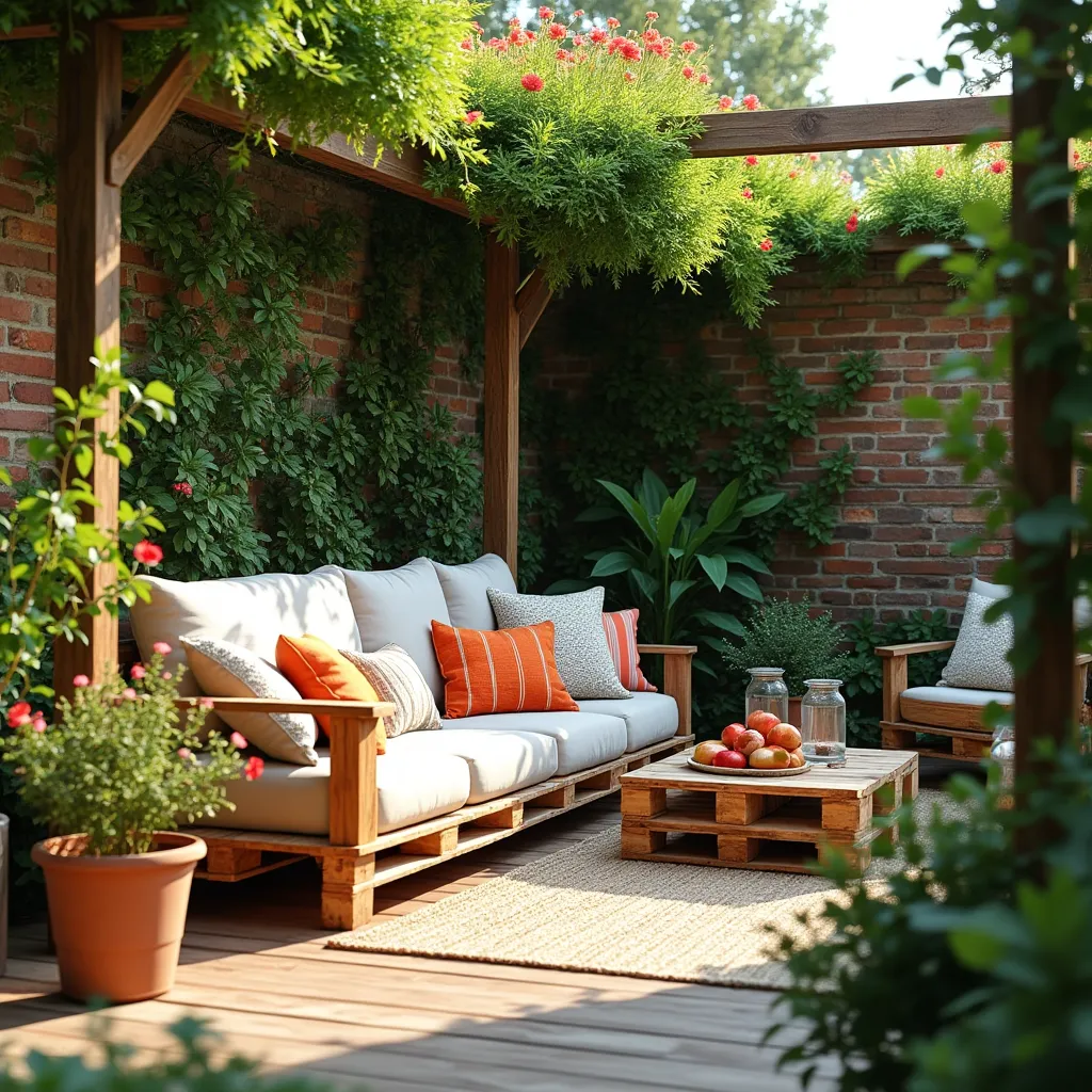 Cozy outdoor seating area featuring wood palette garden furniture ideas, with a comfortable sofa and table set against a lush green backdrop, perfect for a relaxing garden retreat.