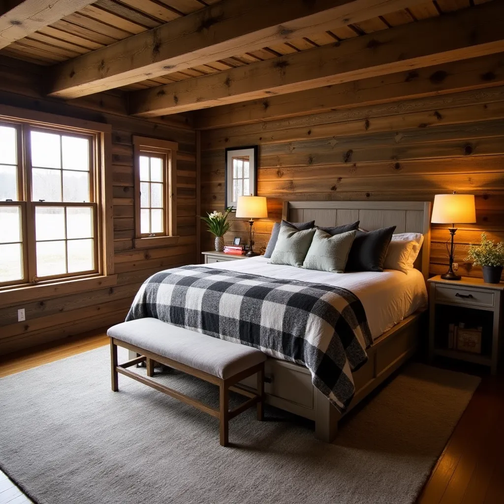 Cozy rustic farmhouse bedroom featuring a wooden bed frame with a plaid blanket, complemented by matching nightstands and warm lighting, perfect for inspiring rustic farmhouse bedroom sets ideas.