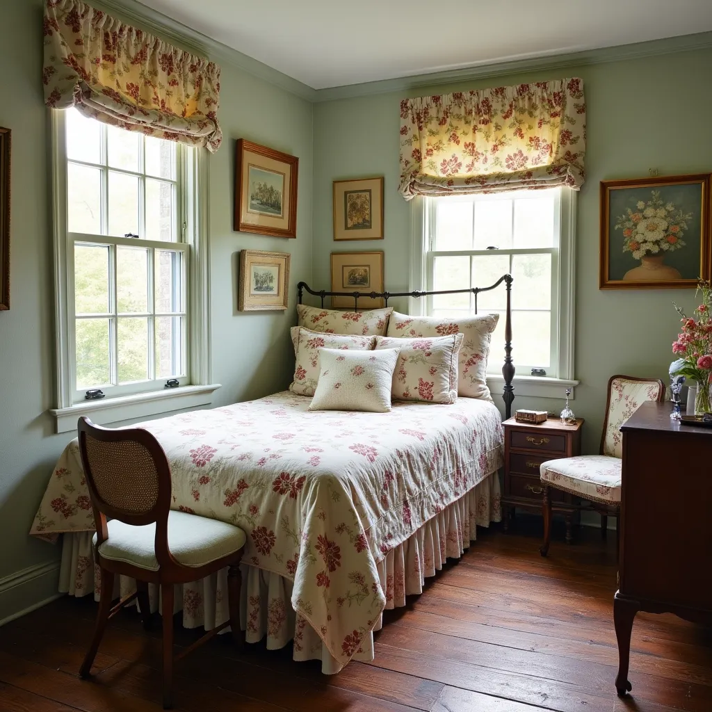 Cozy cottage bedroom featuring a vintage iron bed adorned with floral bedding, surrounded by soft green walls and rustic wooden flooring, complemented by charming floral curtains and classic artwork for a warm, inviting atmosphere.