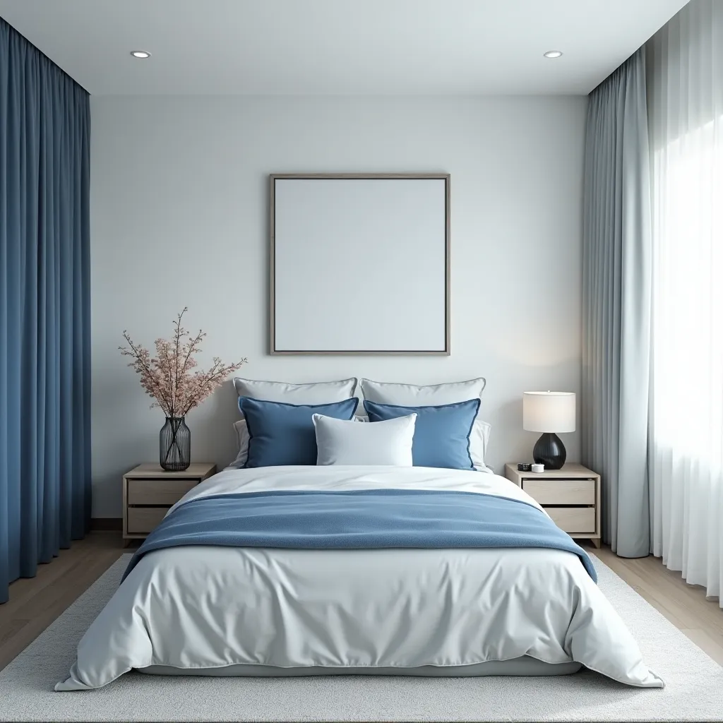 Modern blue and white bedroom featuring elegant bedding, stylish curtains, and minimalist decor, perfect for inspiring blue and white bedroom ideas.