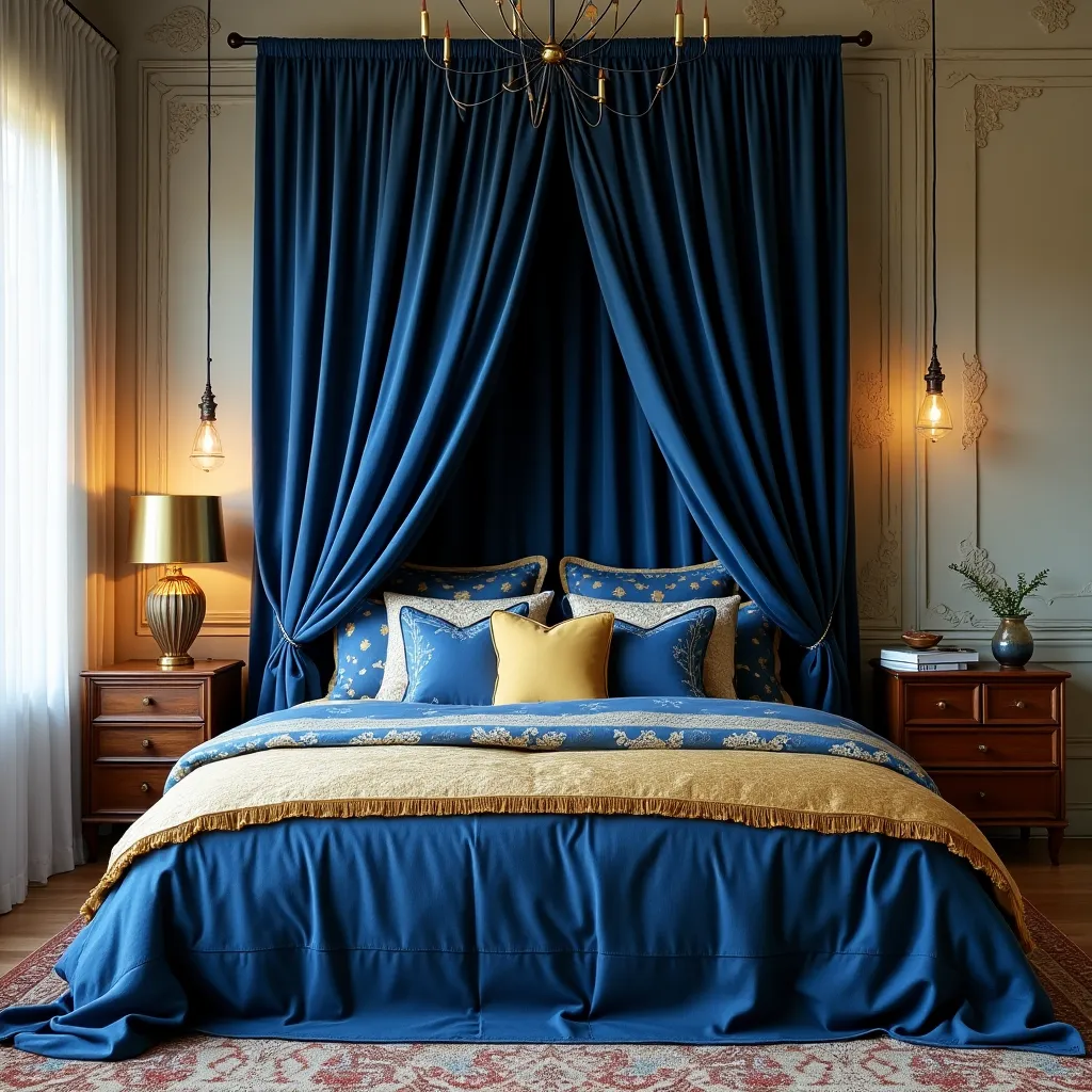 Luxurious blue and gold bedroom featuring elegant drapery, plush bedding, and sophisticated lighting, creating a serene and opulent atmosphere perfect for relaxation and style.