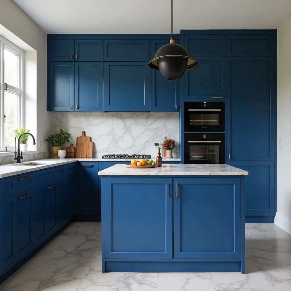 Modern kitchen featuring royal blue cabinets with sleek design, complemented by marble countertops and a stylish pendant light, showcasing elegant royal blue cabinet ideas for a contemporary home.