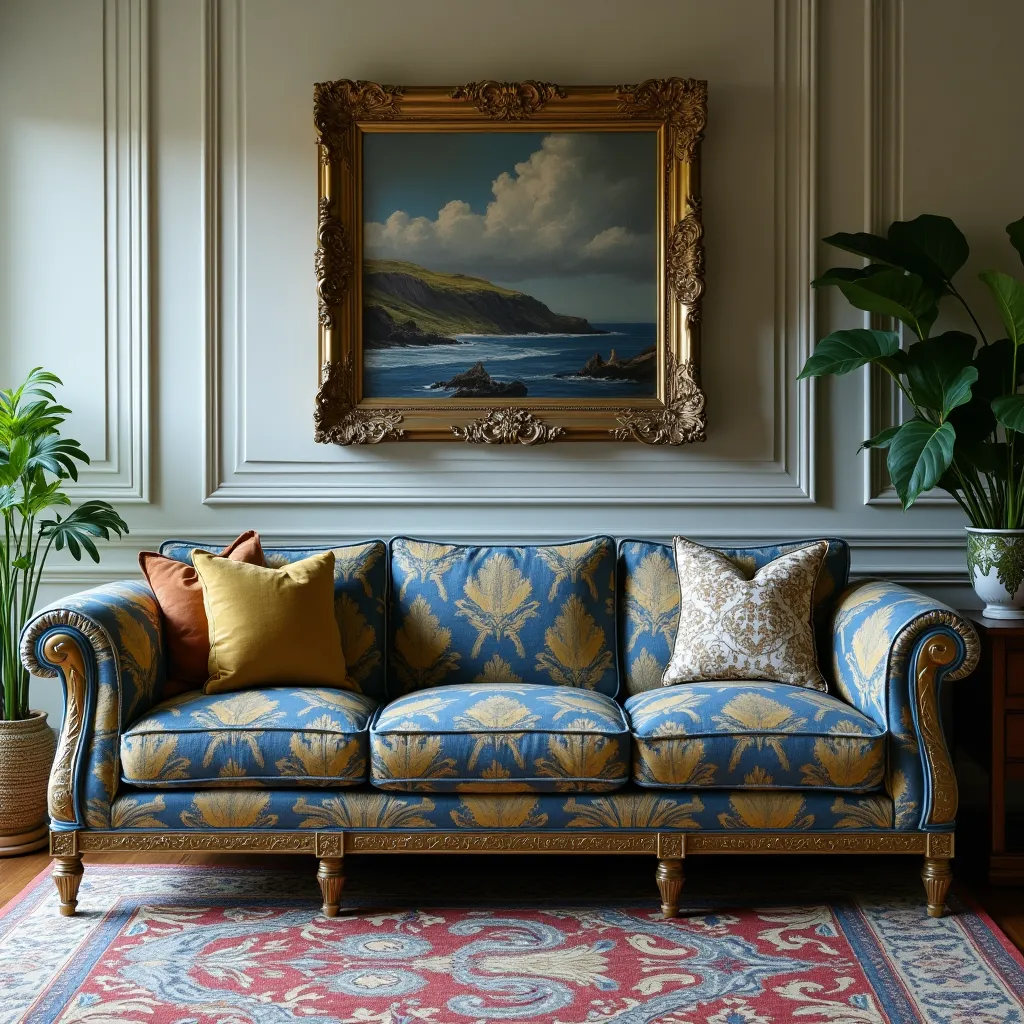 Elegant blue and gold living room decor ideas featuring a luxurious patterned sofa, complemented by a classic framed landscape painting and lush green plants, creating a sophisticated and inviting atmosphere.