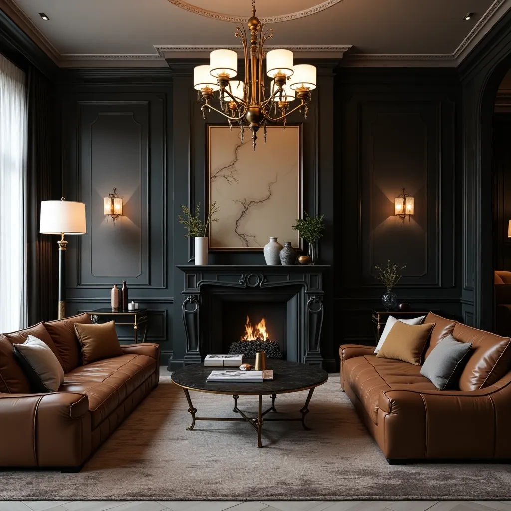 Elegant black, brown, and gold living room featuring luxurious leather sofas, a sophisticated black fireplace, and a chic gold chandelier, perfect for inspiring modern living room ideas.