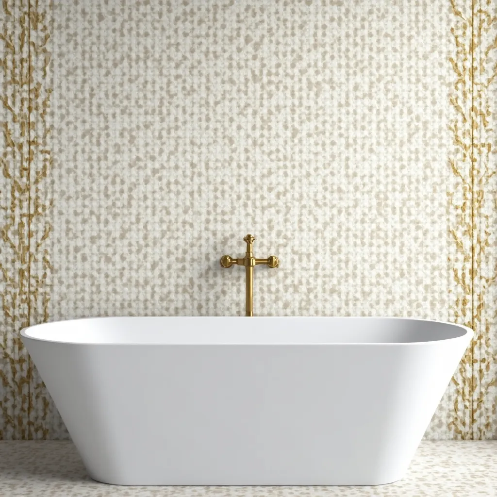 Modern bathroom featuring a sleek white bathtub against a stylish wall with intricate tile designs, showcasing elegant bathtub wall tile designs ideas for a contemporary home.