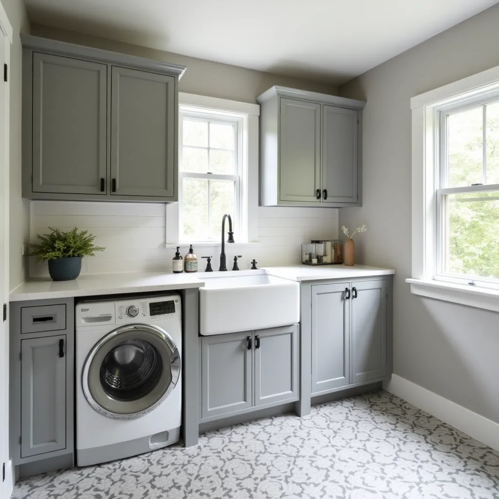 Modern laundry room featuring elegant gray cabinets and a farmhouse sink, showcasing stylish rooms decorated in gray ideas with a patterned floor and natural light streaming through the window.