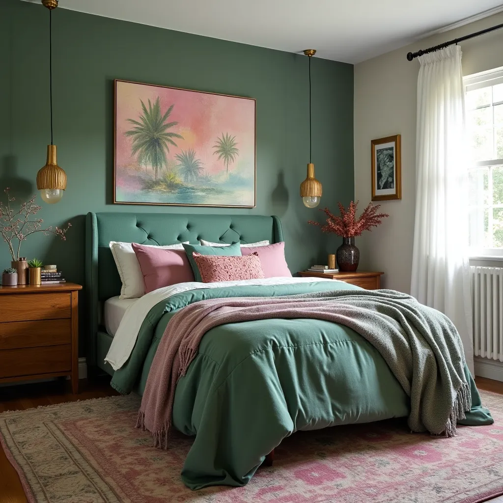 A stylish green boho bedroom featuring a plush green bed with pink and gray accents, complemented by wooden nightstands and hanging pendant lights, creating a cozy and inviting atmosphere.