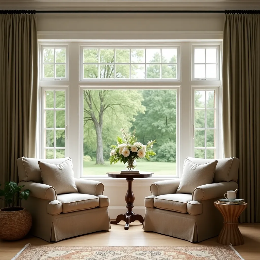 Cozy country room ideas featuring two plush armchairs with neutral upholstery, a wooden side table adorned with a floral arrangement, and a large window offering a serene view of lush greenery, creating a tranquil and inviting atmosphere.