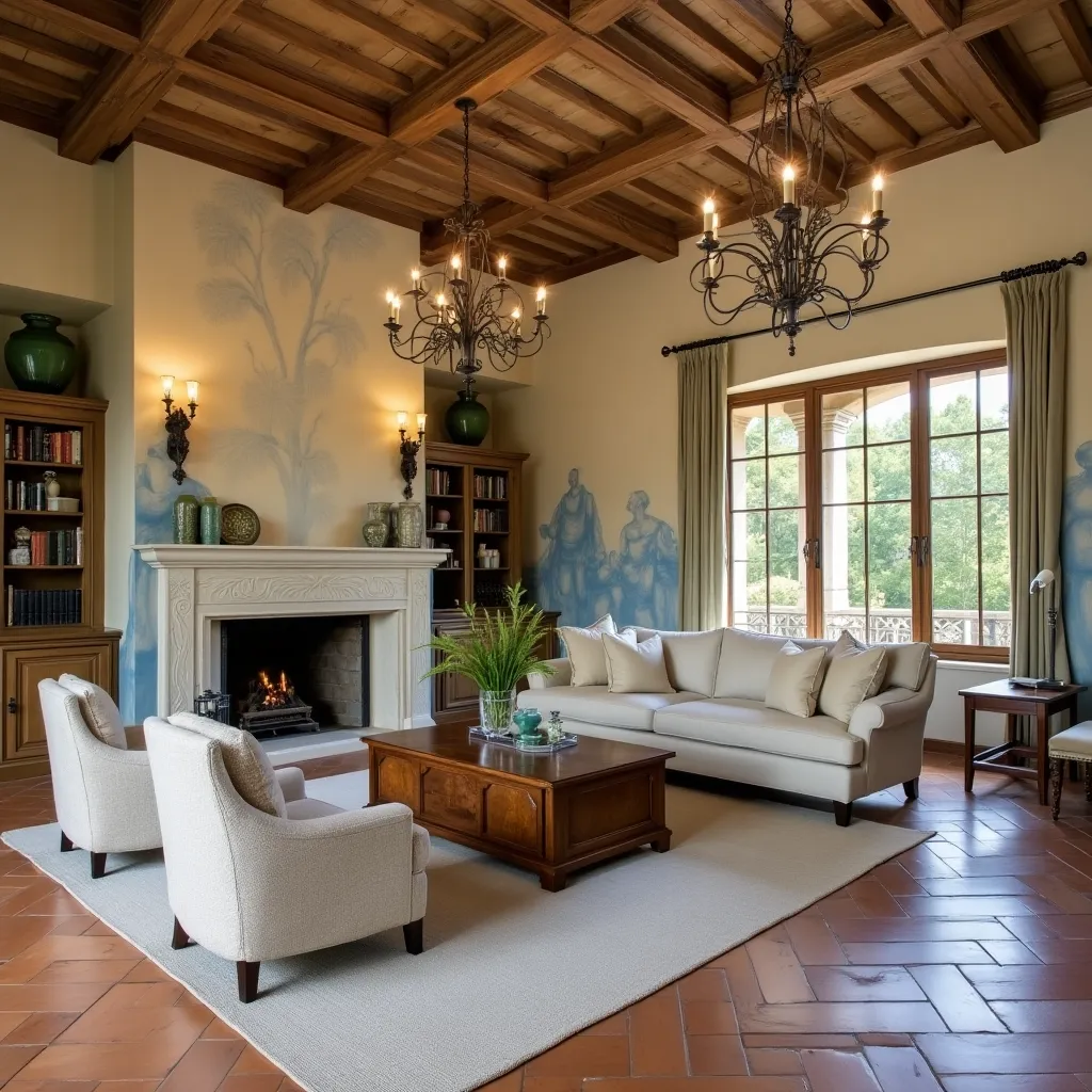 Elegant living room featuring beige and blue decor ideas, with a cozy beige sofa and armchairs, a wooden coffee table, and a beautifully painted blue accent wall, creating a harmonious and inviting atmosphere.