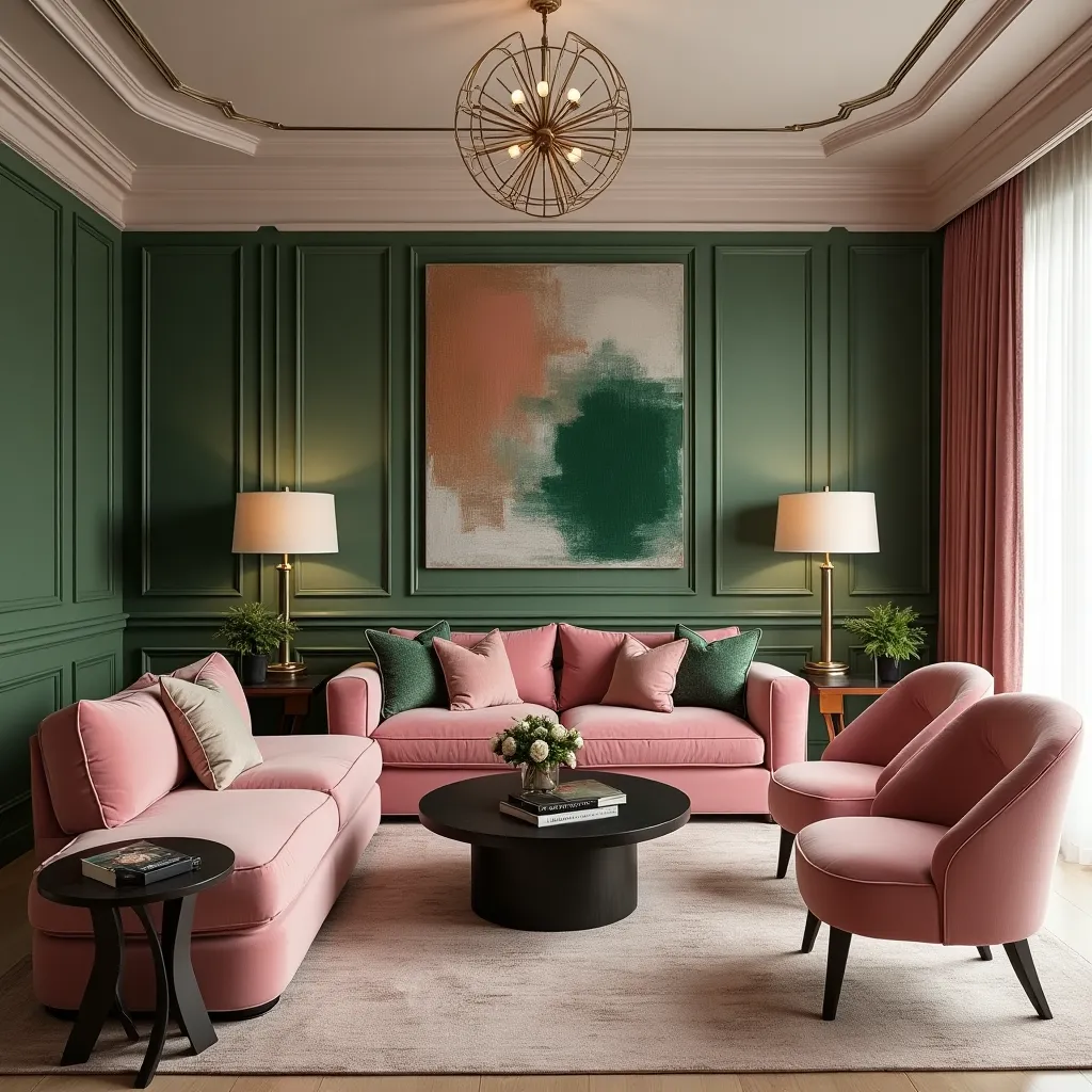 Elegant pink and green living room featuring plush pink sofas and chairs, complemented by deep green walls and decor. The space is enhanced by a modern chandelier, abstract artwork, and soft lighting, creating a cozy and stylish ambiance.