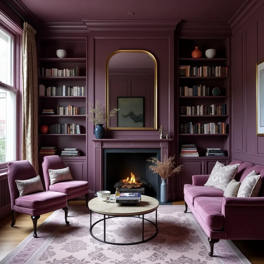 Elegant purple living room featuring plush seating, a cozy fireplace, and built-in bookshelves, creating a sophisticated and inviting atmosphere.