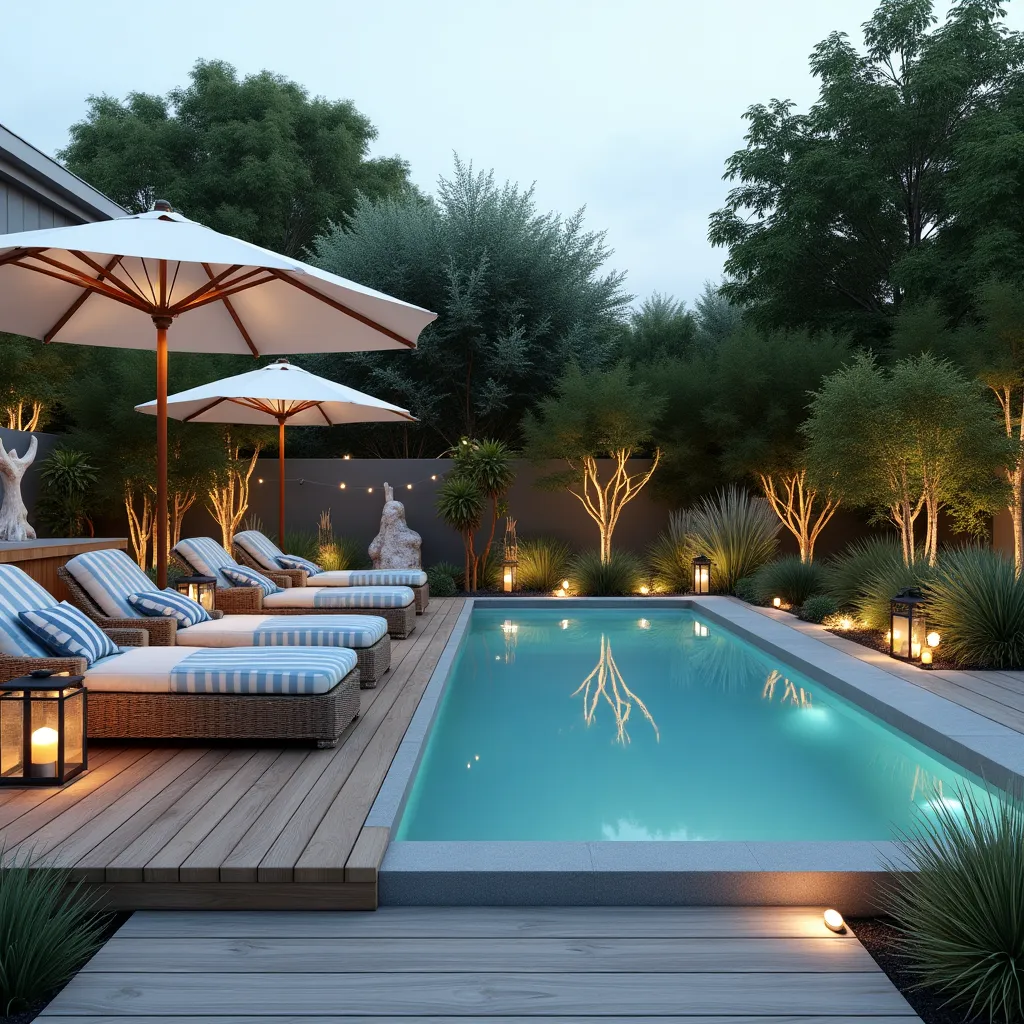 Luxurious pool lounge area featuring stylish wicker loungers with striped cushions, large umbrellas for shade, and ambient lighting, perfect for relaxing and entertaining. Surrounded by lush greenery, this serene setting offers inspiring pool lounge ideas for a modern backyard oasis.