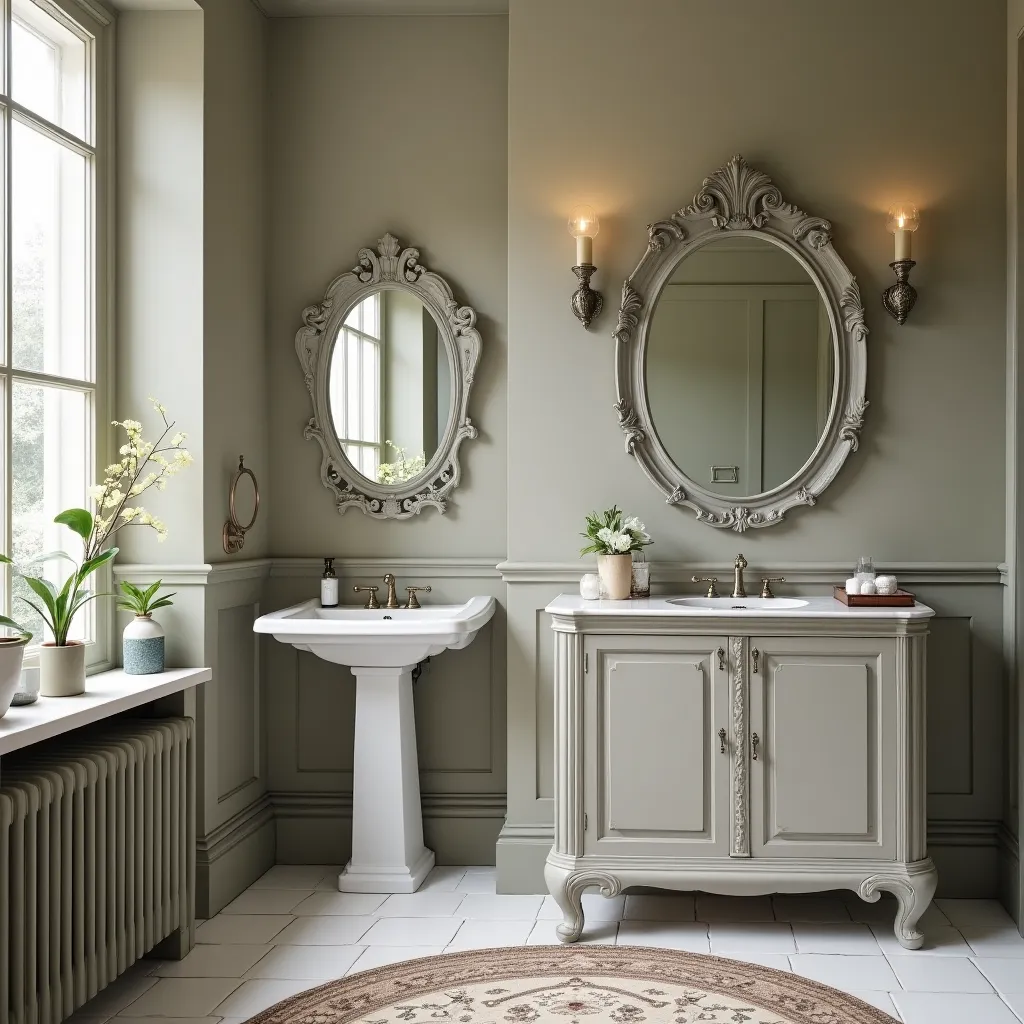 Elegant classic bathroom design ideas featuring a vintage-style vanity with ornate mirrors, soft lighting, and a pedestal sink, complemented by neutral tones and decorative plants for a timeless look.