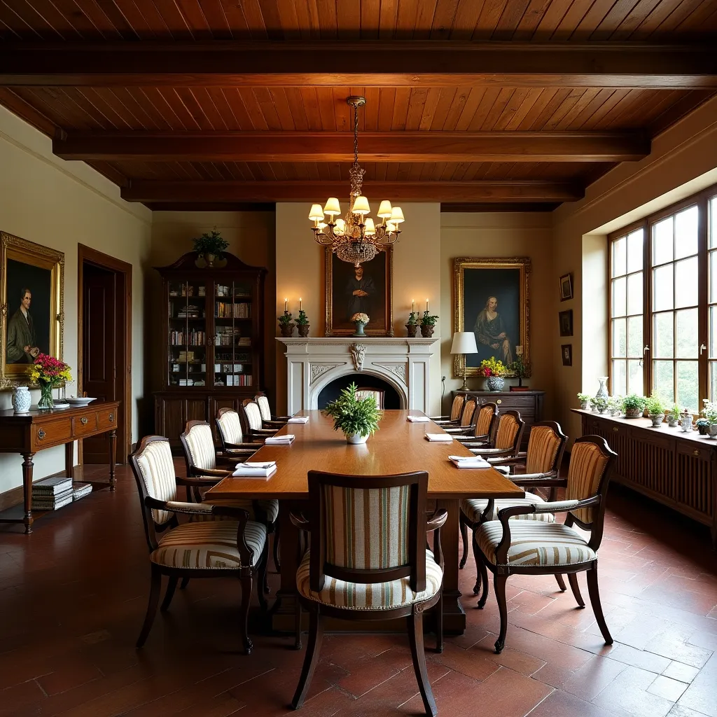 Elegant classic dining room ideas featuring a long wooden table surrounded by upholstered chairs, a vintage chandelier, and a traditional fireplace adorned with artwork, creating a sophisticated and timeless atmosphere.