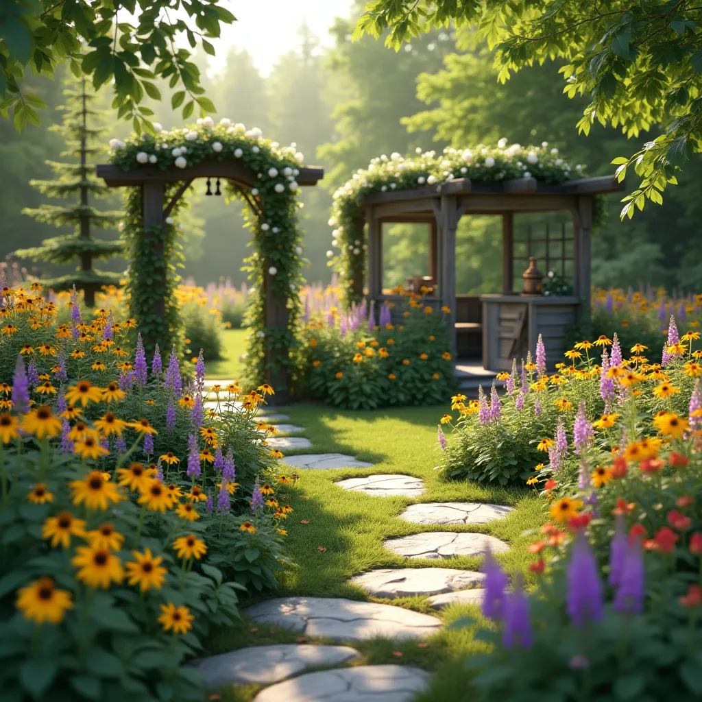 Lush pollinator garden featuring vibrant flowers and a stone pathway leading to a charming wooden arbor, perfect for inspiring pollinator garden ideas and enhancing biodiversity in your backyard.