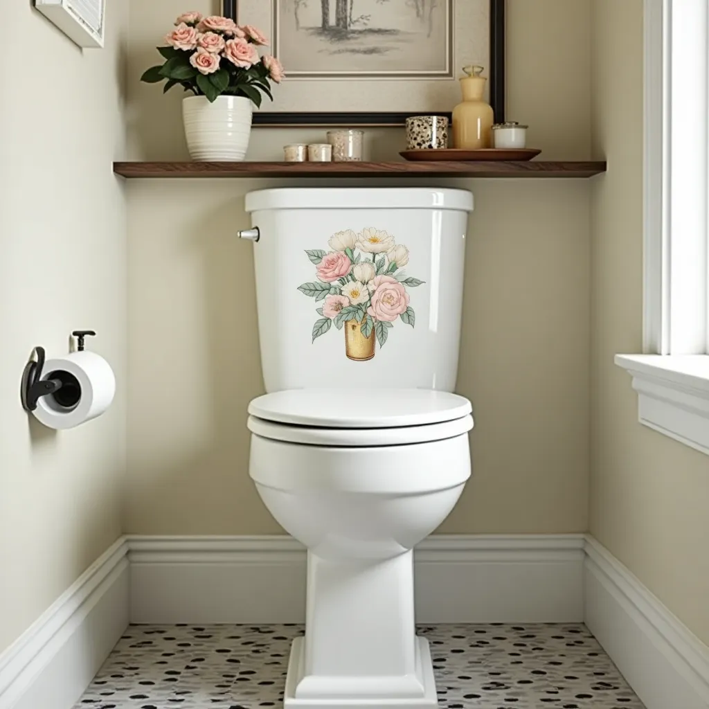 Modern farmhouse toilet ideas featuring a stylish white toilet with floral decal, complemented by a wooden shelf adorned with decorative items and a vase of pink roses, set against a neutral-toned wall and patterned floor tiles.