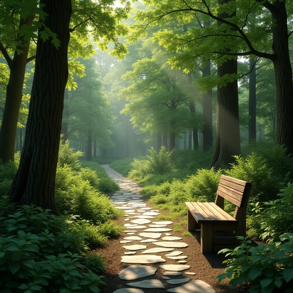 Serene garden pathway ideas featuring a stone path winding through a lush, green forest with sunlight filtering through the trees, accompanied by a rustic wooden bench for relaxation.