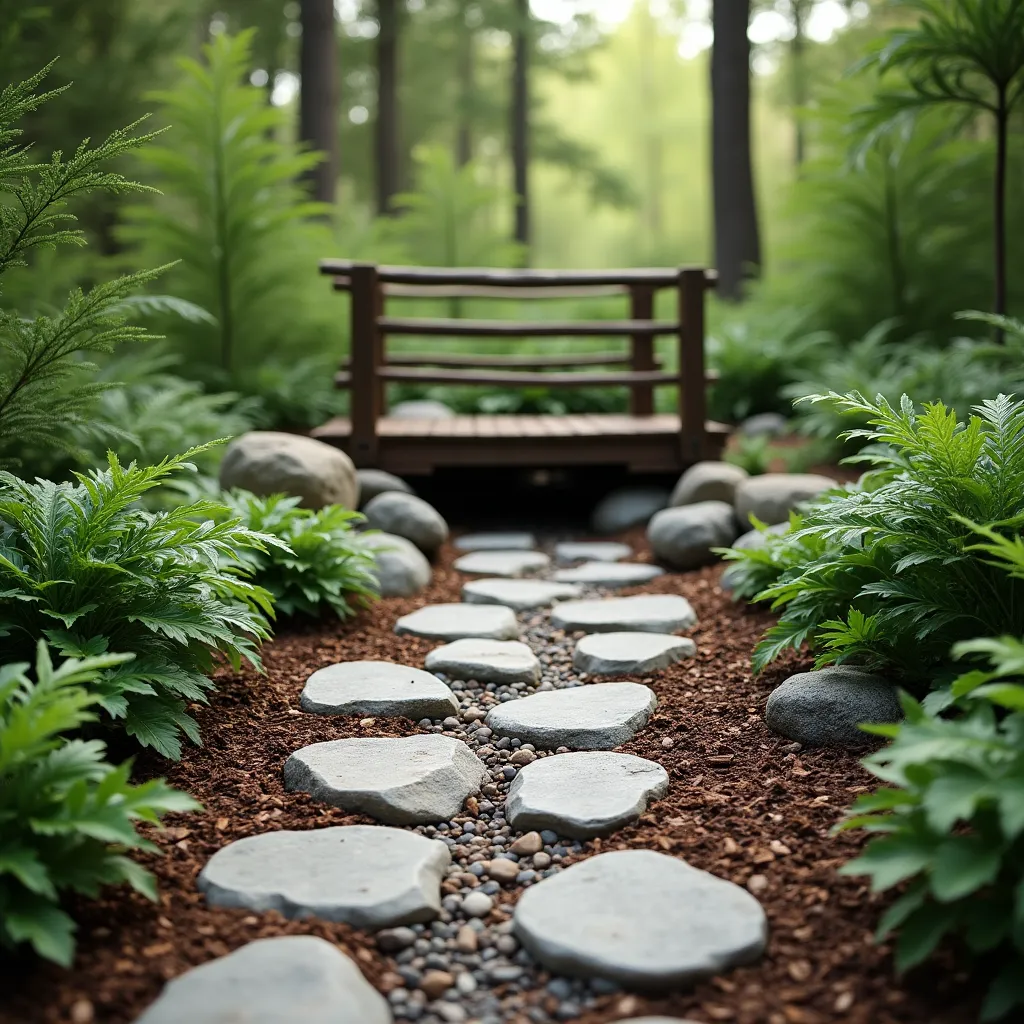 Serene garden path with mixed materials ideas featuring a combination of stepping stones and pebbles, surrounded by lush greenery and leading to a rustic wooden bridge in a tranquil forest setting.