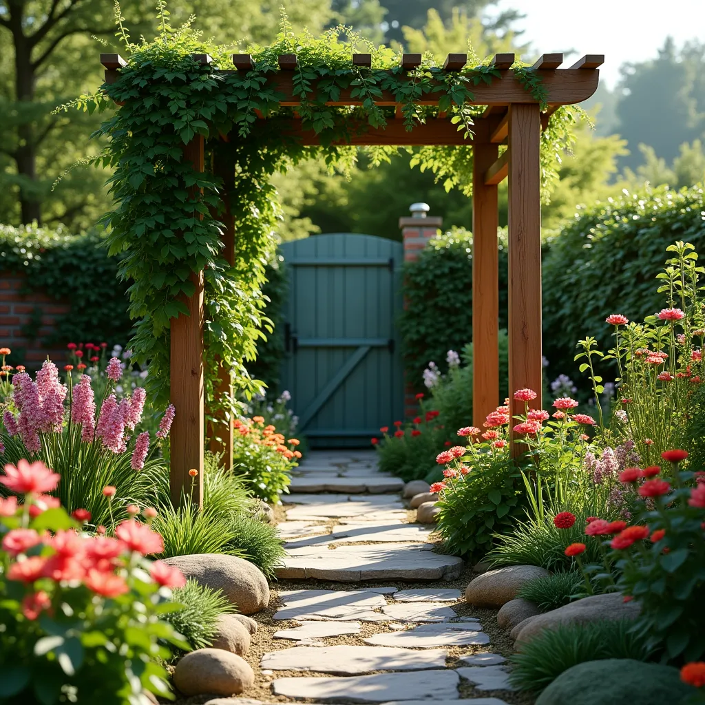 A serene feng shui garden featuring a wooden pergola adorned with lush green vines, a stone pathway lined with vibrant flowers, and a tranquil blue gate, creating a harmonious outdoor space.