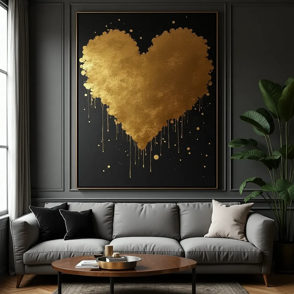 Elegant sitting room featuring a modern gray sofa with black and white cushions, complemented by a striking black and gold heart artwork on the wall, perfect for black and gold sitting room ideas.