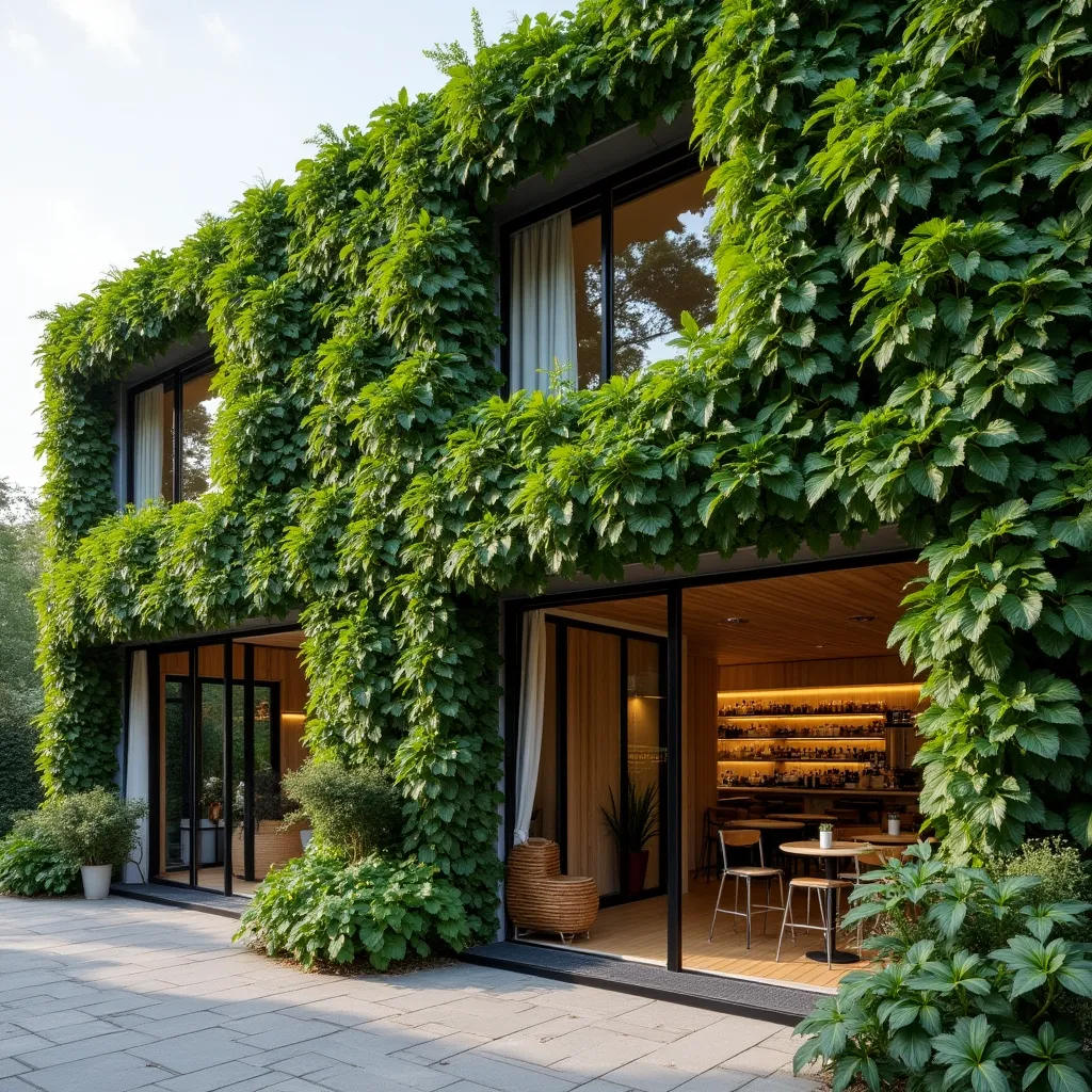 Modern home exterior showcasing biophilic facades exterior ideas with lush green plants covering the building, creating a seamless blend with nature and enhancing the aesthetic appeal.