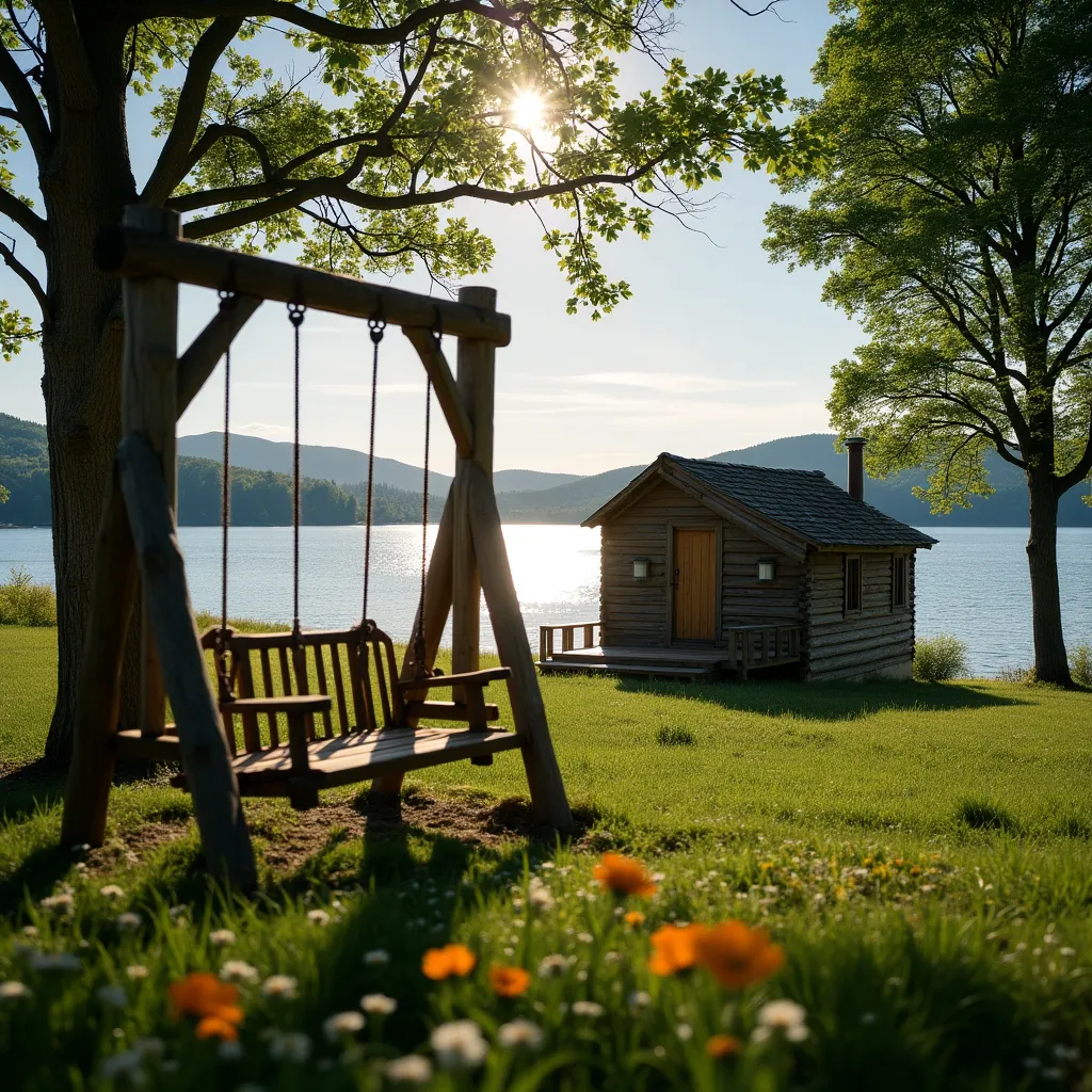 Small cabin near the lake ideas featuring a charming wooden cabin by the water, surrounded by lush greenery and a rustic swing set under a tree, perfect for a serene getaway.