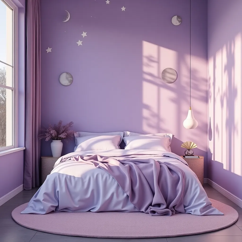 A serene pastel bedroom featuring soft lavender walls, a cozy bed with matching pastel bedding, and delicate star and moon wall decals, perfect for inspiring pastel bedroom ideas.