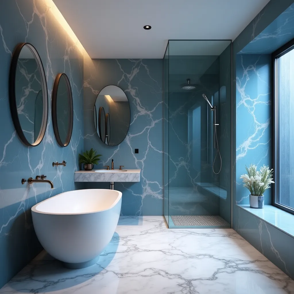 Modern bathroom featuring elegant blue decor ideas with marble-patterned walls, a sleek freestanding bathtub, and a glass-enclosed shower, complemented by stylish round mirrors and natural light.