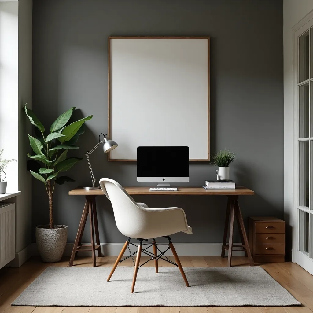 Modern grey home office ideas featuring a sleek wooden desk with a computer, a stylish white chair, and minimalist decor including a potted plant and a large framed artwork on a grey wall, creating a serene and productive workspace.