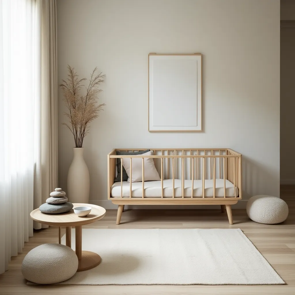 A serene neutral nursery featuring a minimalist wooden crib, soft beige tones, and natural decor elements, creating a calming and gender-neutral space for a baby.