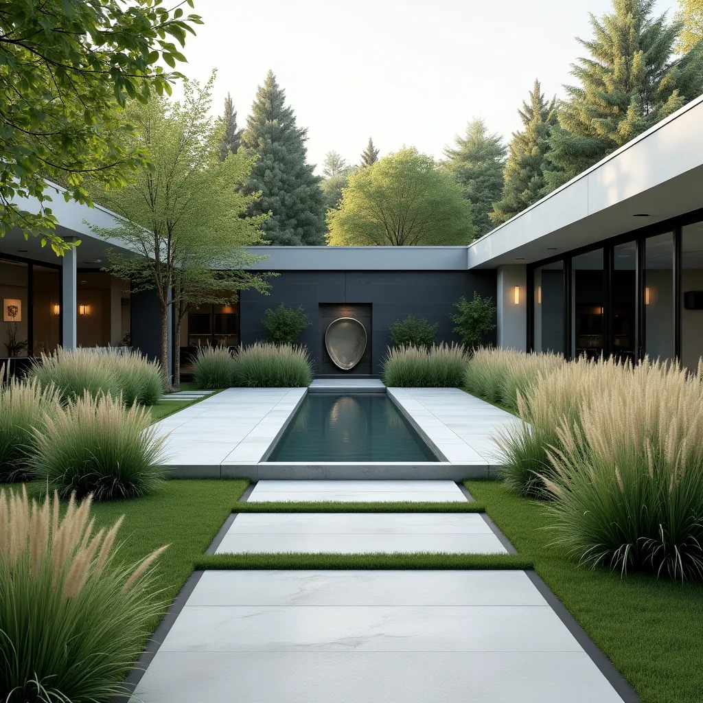 Modern courtyard featuring a sleek water feature surrounded by lush ornamental grasses, showcasing elegant garden design ideas for incorporating ornamental grass into contemporary landscapes.