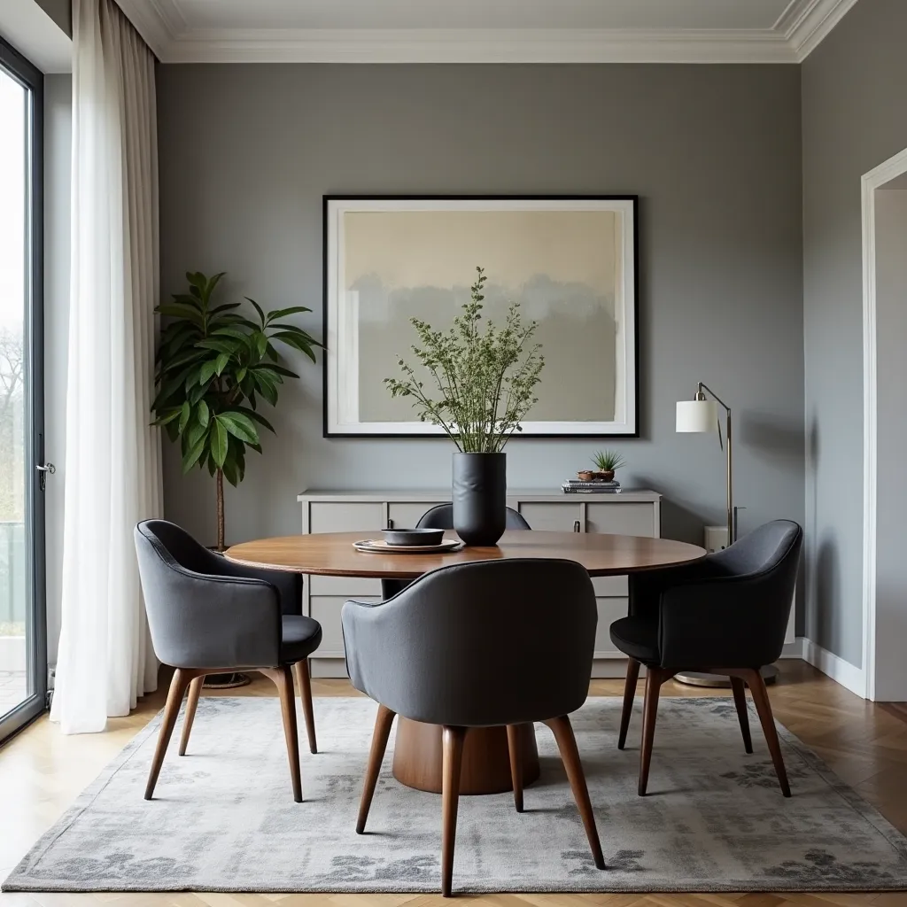 Modern grey dining room featuring elegant grey walls, a round wooden table, and stylish grey upholstered chairs. The room is accented with a large framed artwork, a lush green plant, and a sleek floor lamp, creating a sophisticated and inviting atmosphere.