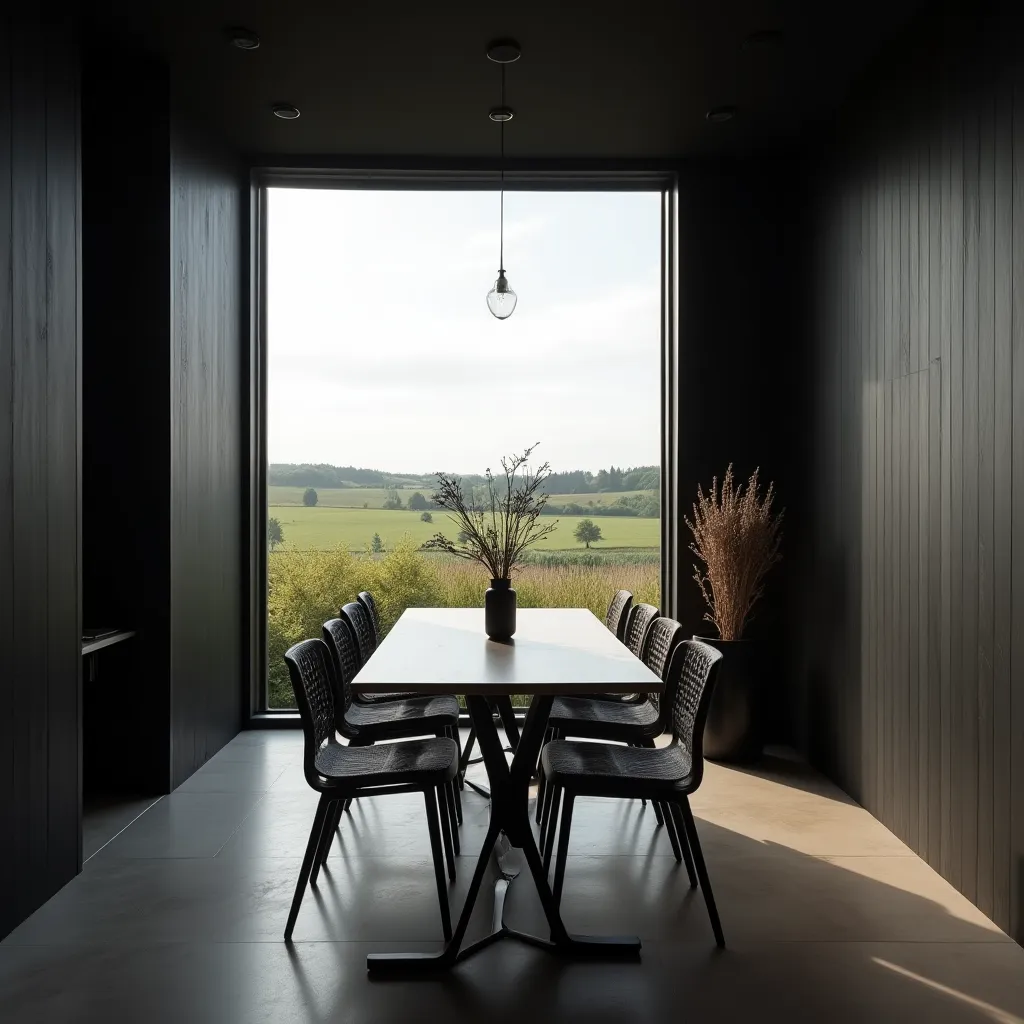 Modern black dining room ideas featuring a sleek black dining table with matching chairs, set against a backdrop of dark walls and a large window offering a scenic view, complemented by minimalist decor and natural light.