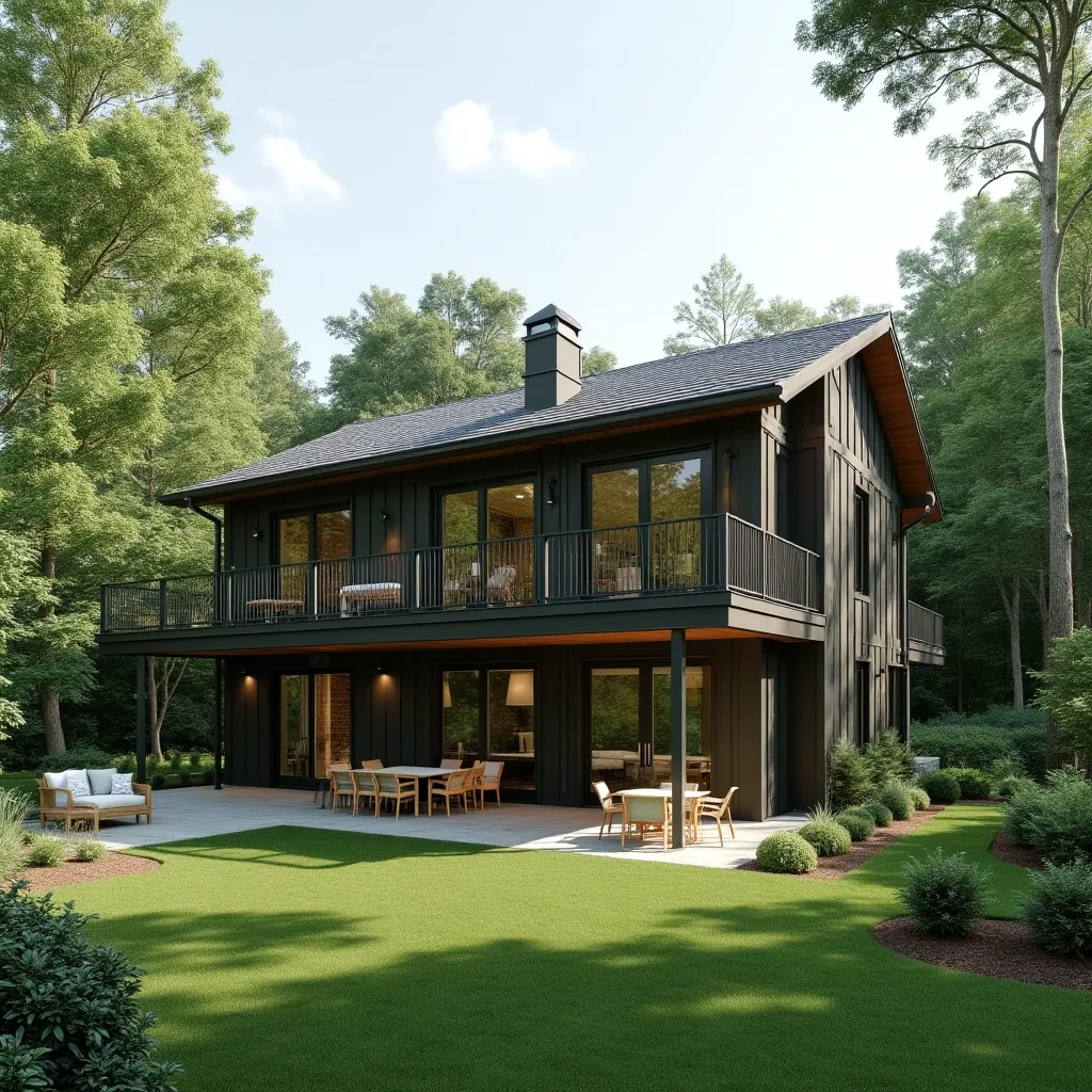 Modern two-story house with a forest green exterior, surrounded by lush greenery, showcasing elegant outdoor seating and a spacious patio, perfect for forest green house ideas.