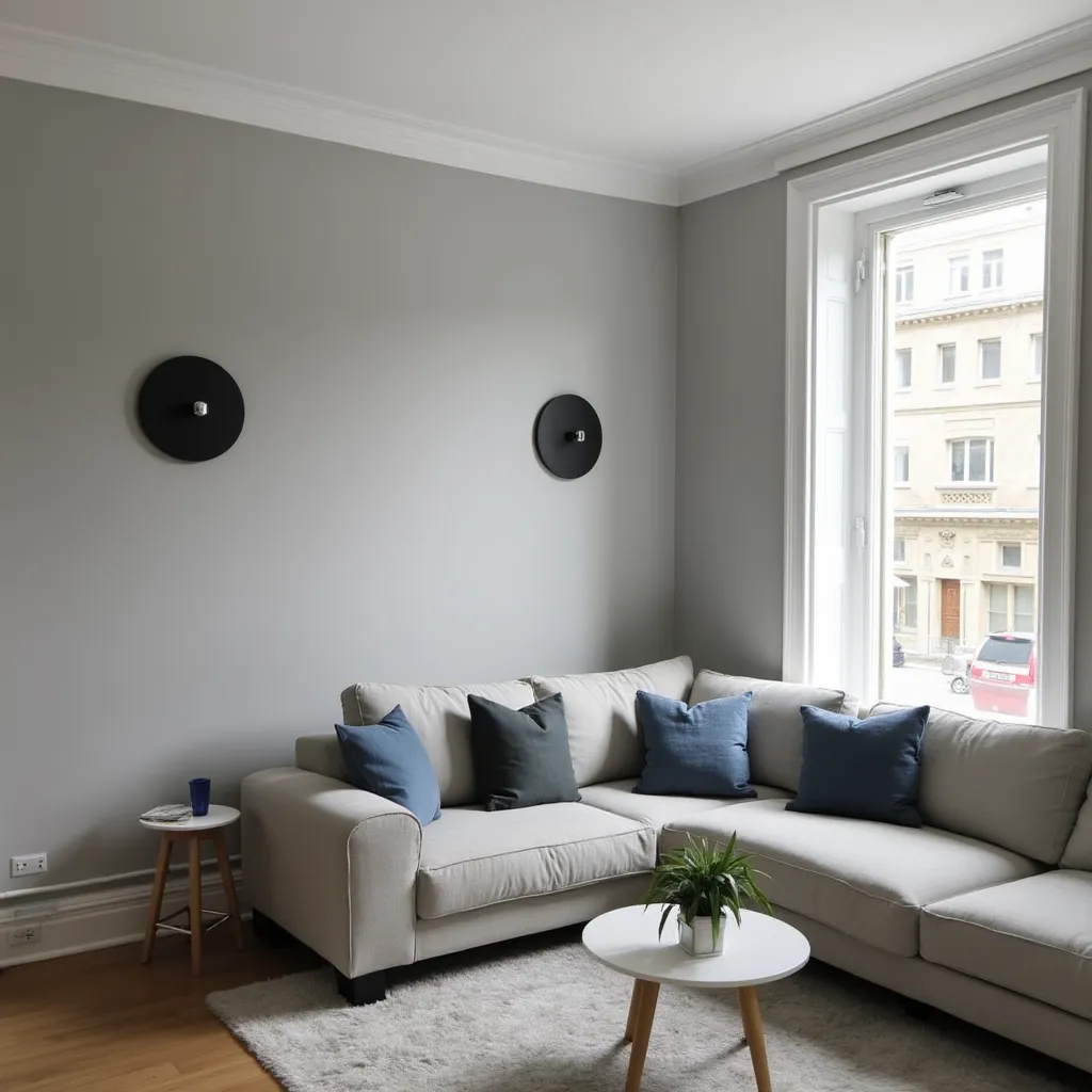 Modern living room featuring a grey sectional sofa with blue and black accent pillows, complemented by a silver-toned wall and minimalist decor. The space is enhanced by natural light from a large window, offering stylish grey, black, and silver living room ideas.