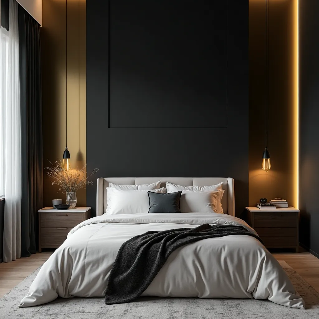 Elegant black bedroom design featuring luxurious bedding, modern pendant lighting, and sleek wooden nightstands, perfect for those seeking classy luxury black bedroom ideas.